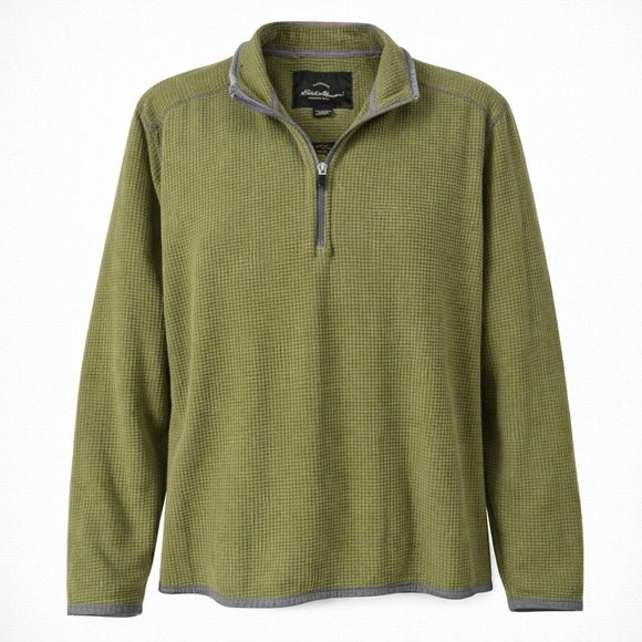 Eddie Bauer Mens Green Waffle Knit 1/4 Zip Pullover Fleece Sweater M Outdoor - Picture 1 of 10